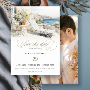 Curfu Greece Watercolor Landscape Photo Wedding Save The Date