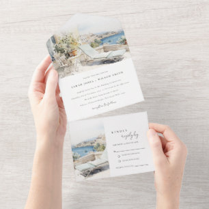 Curfu Greece Watercolor Landscape Wedding All In One Invitation