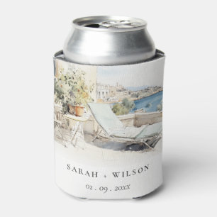 Curfu Greece Watercolor Landscape Wedding Can Cooler