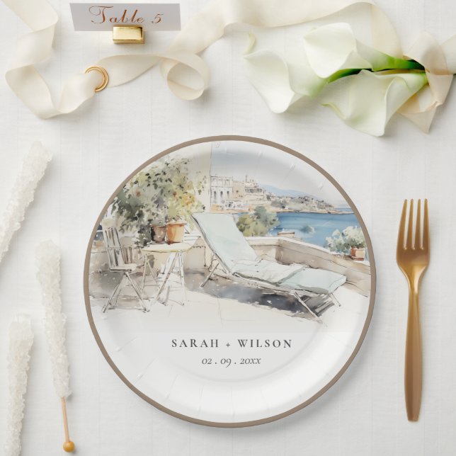 Curfu Greece Watercolor Landscape Wedding Paper Plates (Wedding)