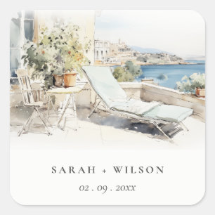 Curfu Greece Watercolor Landscape Wedding Square Sticker