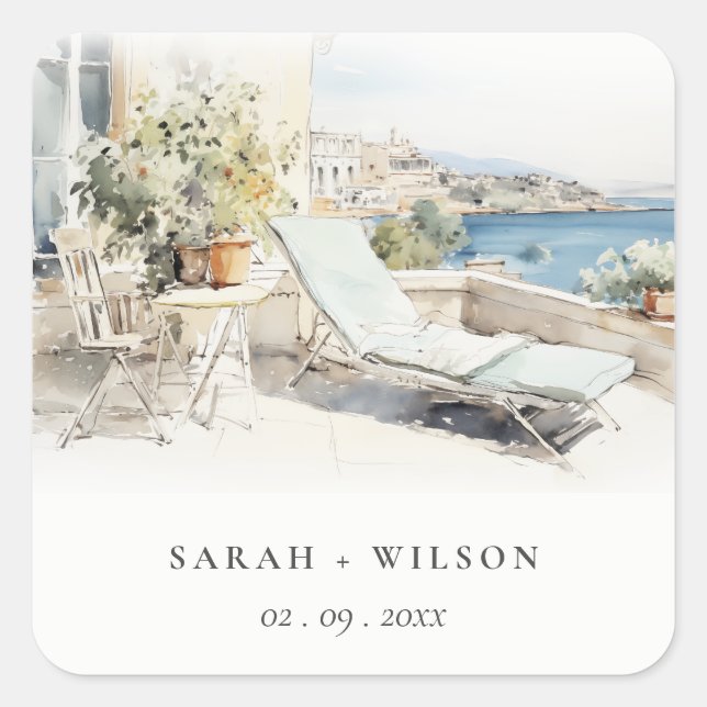 Curfu Greece Watercolor Landscape Wedding Square Sticker (Front)
