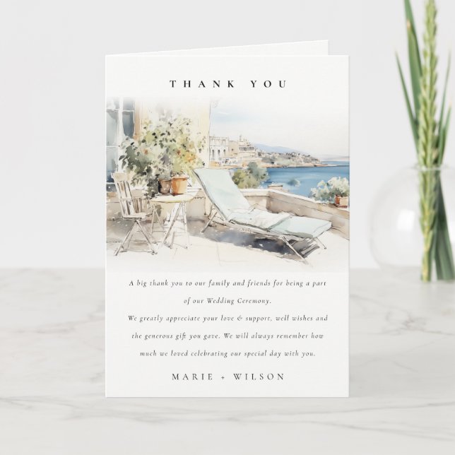 Curfu Greece Watercolor Landscape Wedding Thank You Card (Front)