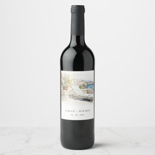 Curfu Greece Watercolor Landscape Wedding Wine Label (Front)