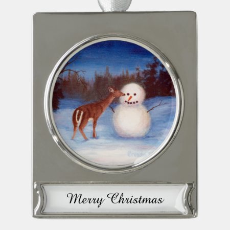 Curiosity Deer And Snowman Silver Plated Banner Ornament