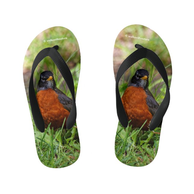 Curious American Robin Songbird in the Grass Kid's Flip Flops (Footbed)