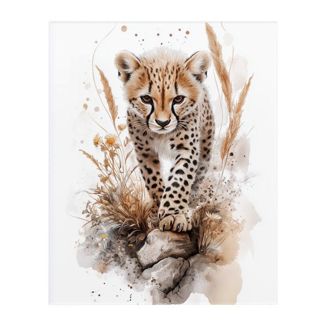 Curious Baby Cheetah in Watercolor Acrylic Print (Front)