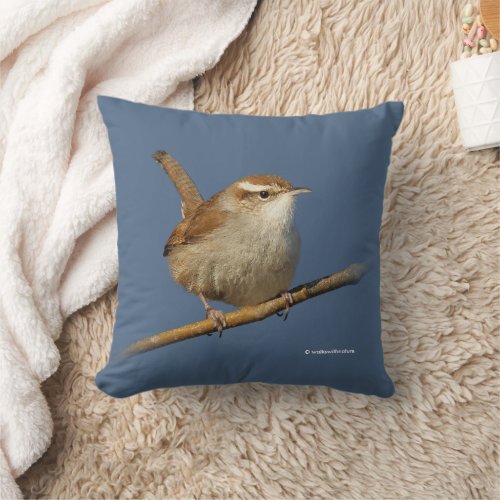 Curious Bewicks Wren Songbird on Branch Throw Pillow
