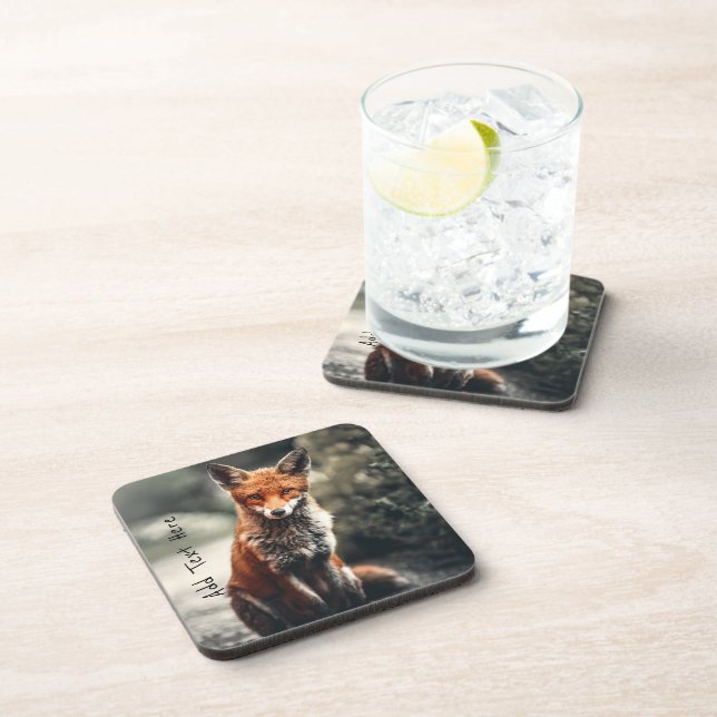 Curious Big Red and White Fox Sitting in Nature Beverage Coaster (Right Side)