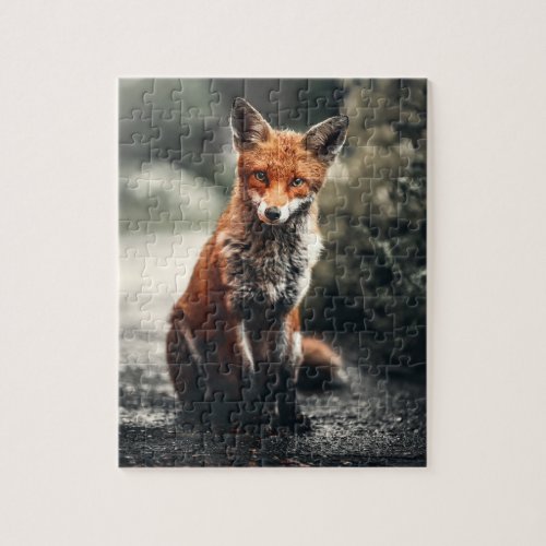 Curious Big Red and White Fox Sitting in Nature Jigsaw Puzzle