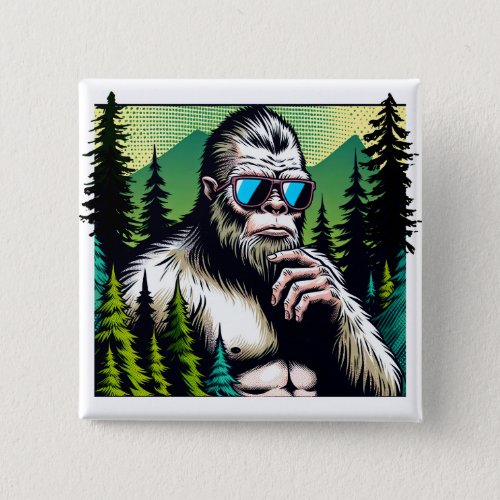Curious Bigfoot with Sunglasses Hiding in Woods Button