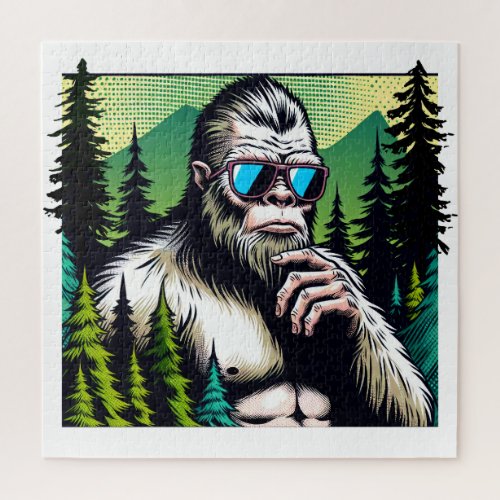 Curious Bigfoot with Sunglasses Hiding in Woods Jigsaw Puzzle