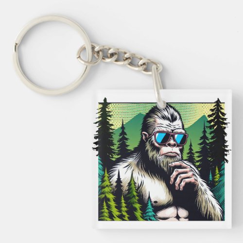 Curious Bigfoot with Sunglasses Hiding in Woods Keychain