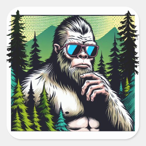 Curious Bigfoot with Sunglasses Hiding in Woods Square Sticker