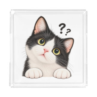 Curious Black and White Tuxedo Cat Throw Pillow Acrylic Tray