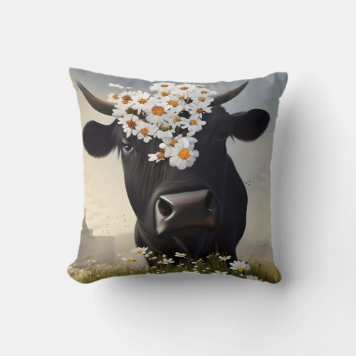 Curious Black Angus Cow Pillow