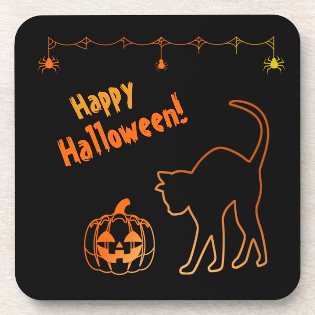 Curious Black Cat and Jack-o-Lantern Halloween Beverage Coaster (Front)