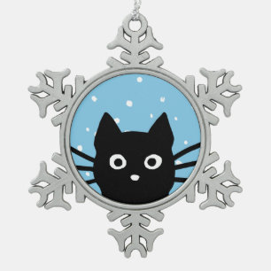 Curious Black Cat Cute Peeking Kitty Holiday Snowflake Pewter Christmas Ornament