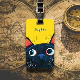 Curious Black Cat Illustration Luggage Tag