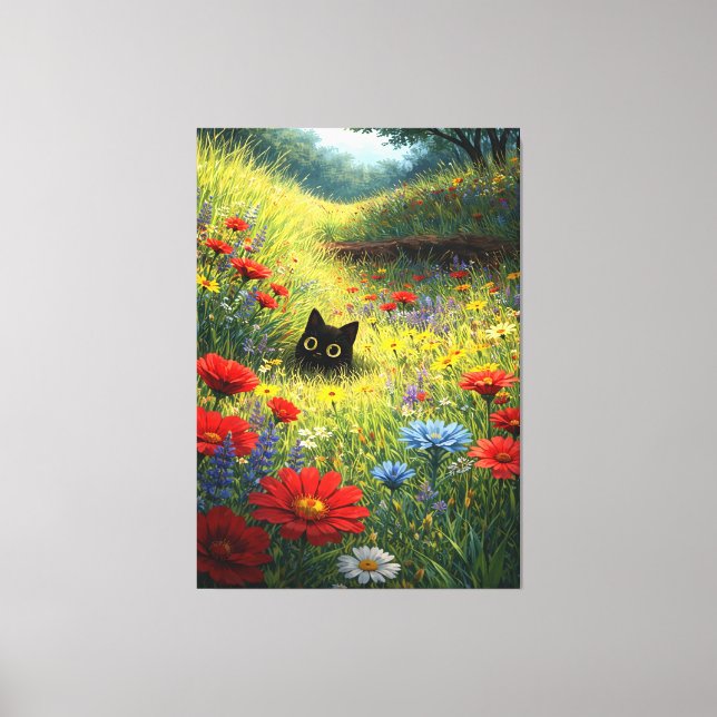 Curious Black Cat in a Wildflower Meadow Canvas Print (Front)