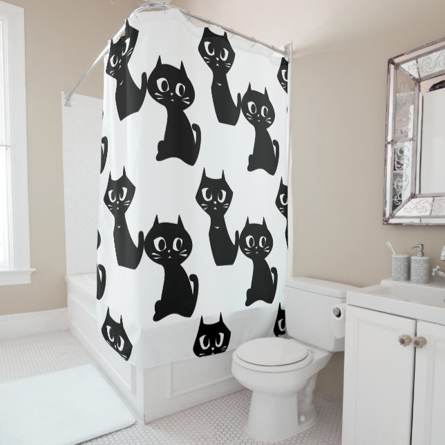 Curious Black Cat Shower Curtain (In Situ)