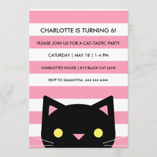 Curious Black Cat   Stripes   Birthday Party Invitation