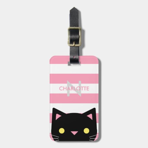 Curious Black Cat  Stripes  Monogram Luggage Tag