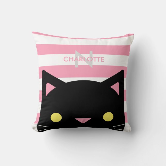 Curious Black Cat | Stripes | Monogram Throw Pillow (Front)