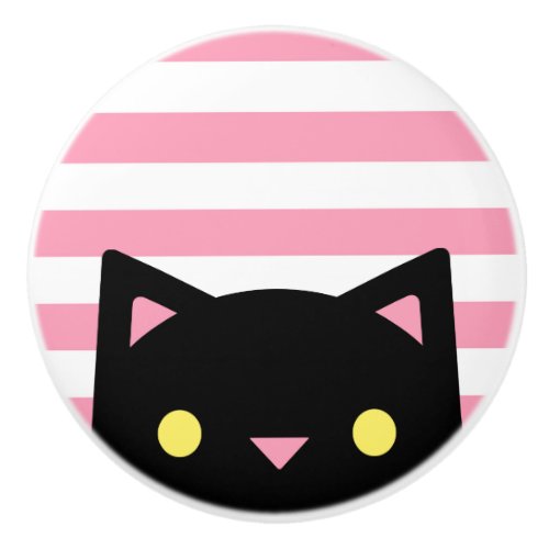 Curious Black Cat  Stripes  Pink  White Ceramic Knob