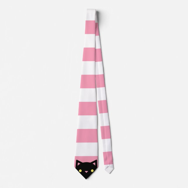 Curious Black Cat | Stripes | Pink & White Tie (Front)