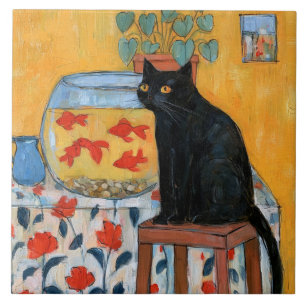 Curious Black Cat Watching Fishbowl Ceramic Tile