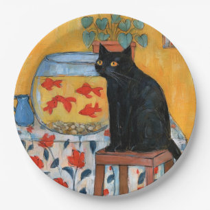 Curious Black Cat Watching Fishbowl Paper Plates