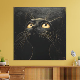 Curious Black Cat - Whimsical Canvas Print