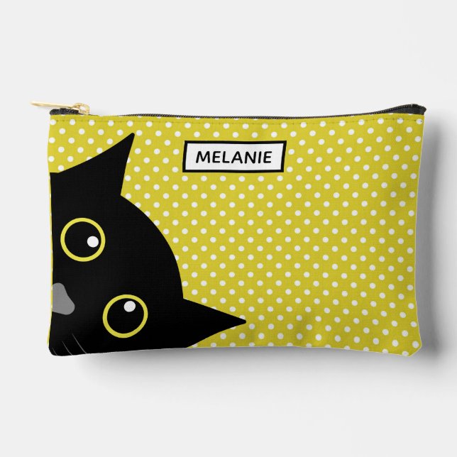 Curious Black Cat Yellow Polka Dot Personalised Accessory Pouch (Front)