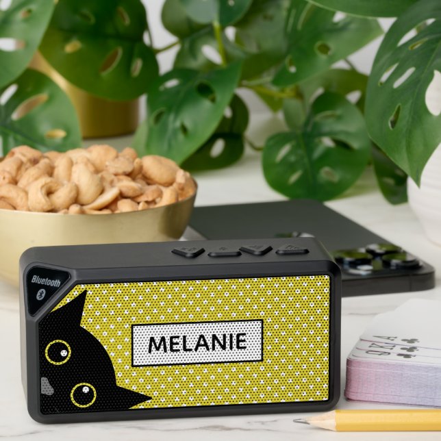 Curious Black Cat Yellow Polka Dot Personalised Bluetooth Speaker (Insitu(Table))