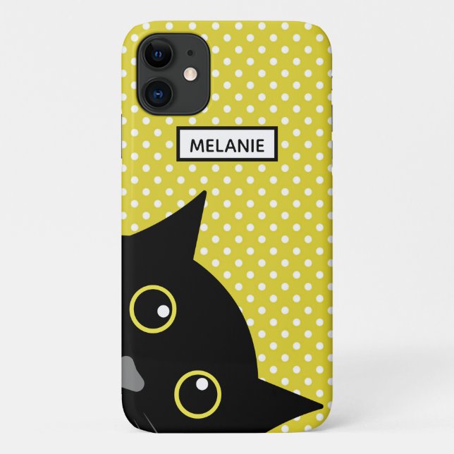Curious Black Cat Yellow Polka Dot Personalised Case-Mate iPhone Case (Back)