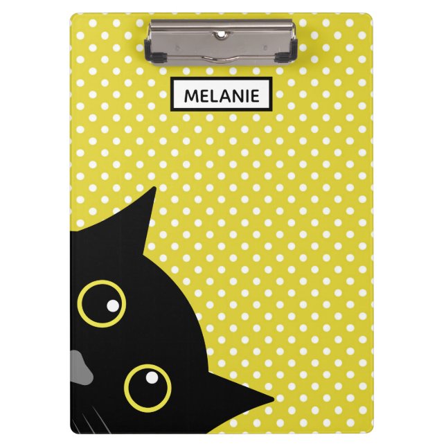 Curious Black Cat Yellow Polka Dot Personalised Clipboard (Front)