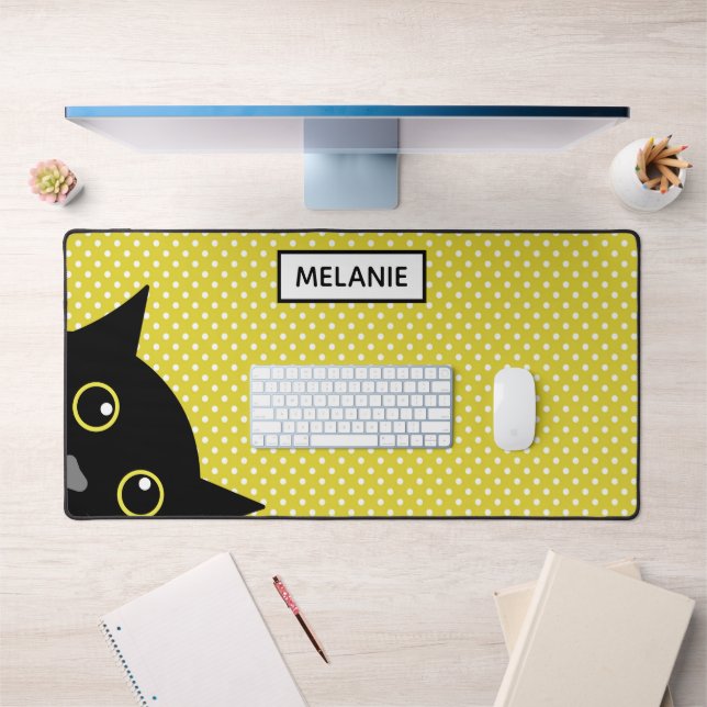Curious Black Cat Yellow Polka Dot Personalised Desk Mat (Office 1)