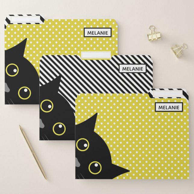 Curious Black Cat Yellow Polka Dot Personalised File Folder (Set)