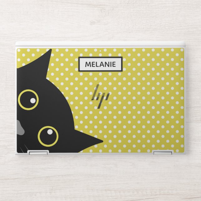 Curious Black Cat Yellow Polka Dot Personalised HP Laptop Skin (Front)