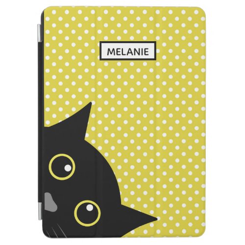 Curious Black Cat Yellow Polka Dot Personalised iPad Air Cover