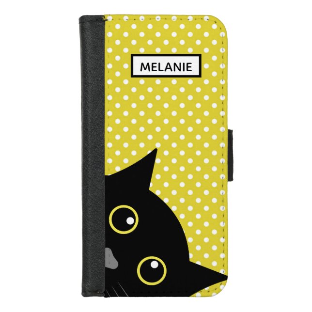 Curious Black Cat Yellow Polka Dot Personalised iPhone Wallet Case (Front)