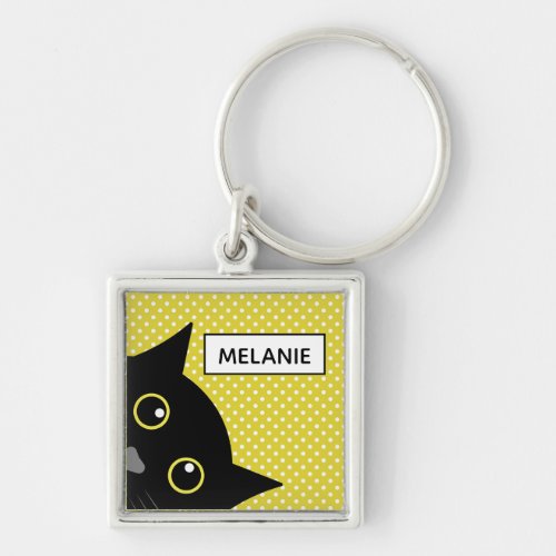 Curious Black Cat Yellow Polka Dot Personalised Keychain