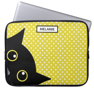Curious Black Cat Yellow Polka Dot Personalised Laptop Sleeve