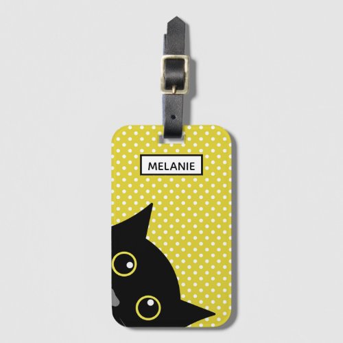 Curious Black Cat Yellow Polka Dot Personalised Luggage Tag