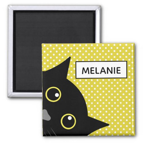 Curious Black Cat Yellow Polka Dot Personalised Magnet