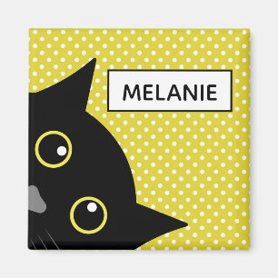 Curious Black Cat Yellow Polka Dot Personalised Magnet