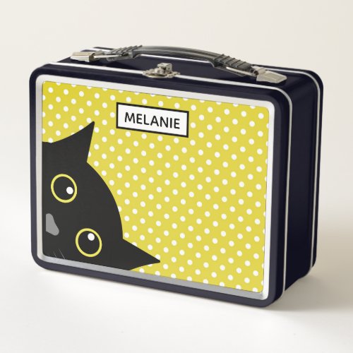 Curious Black Cat Yellow Polka Dot Personalised Metal Lunch Box