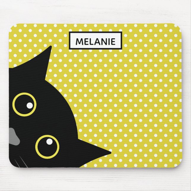 Curious Black Cat Yellow Polka Dot Personalised Mouse Pad (Front)