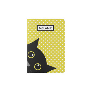 Curious Black Cat Yellow Polka Dot Personalised Passport Holder